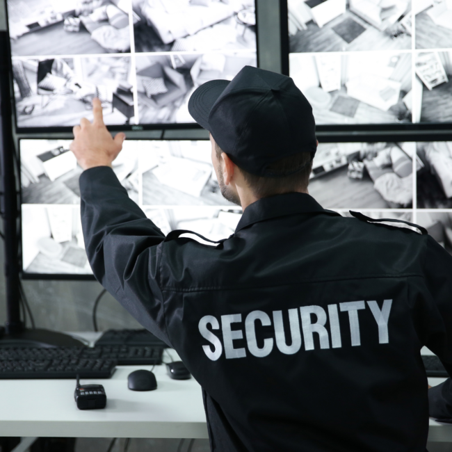 Professional security guard monitoring entry points