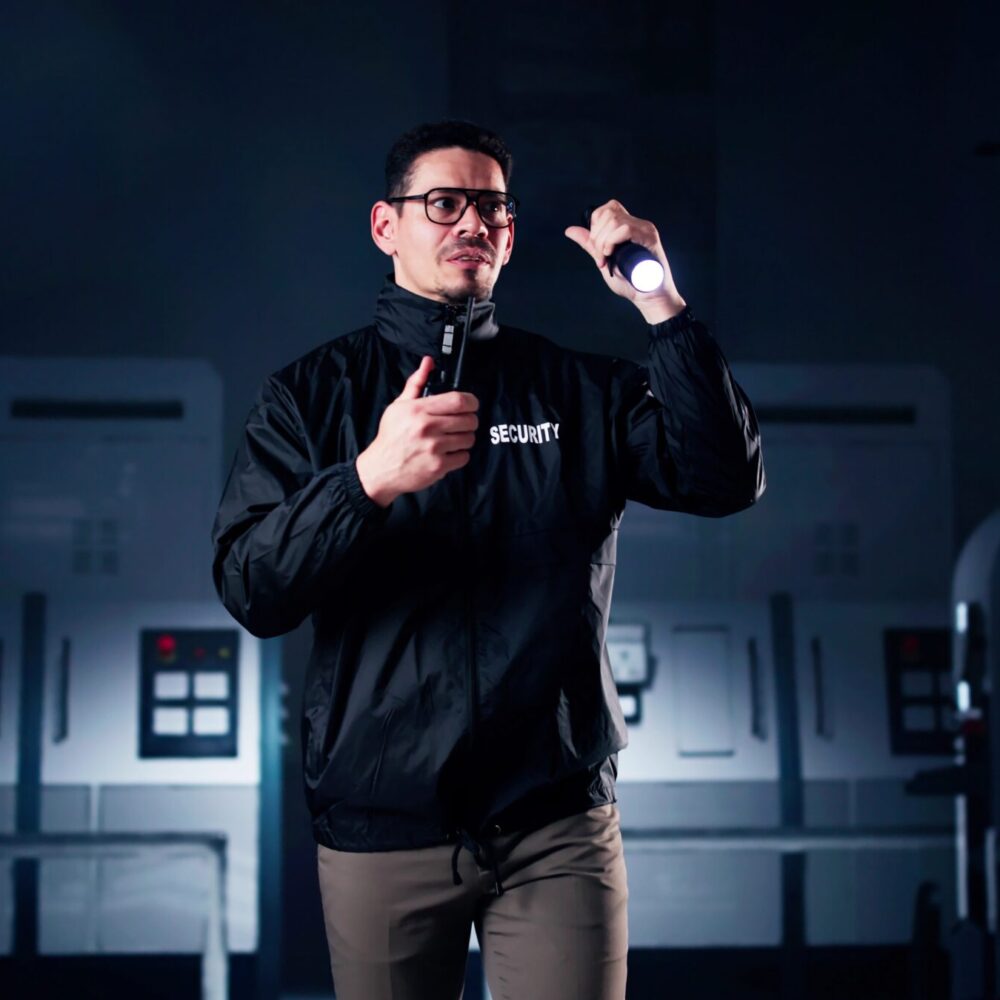 Professional security officer on duty at business site