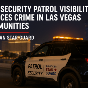 American Star Guard patrol vehicle with flashing lights parked along the Las Vegas Strip at night, symbolizing visible security deterrence in Nevada communities.