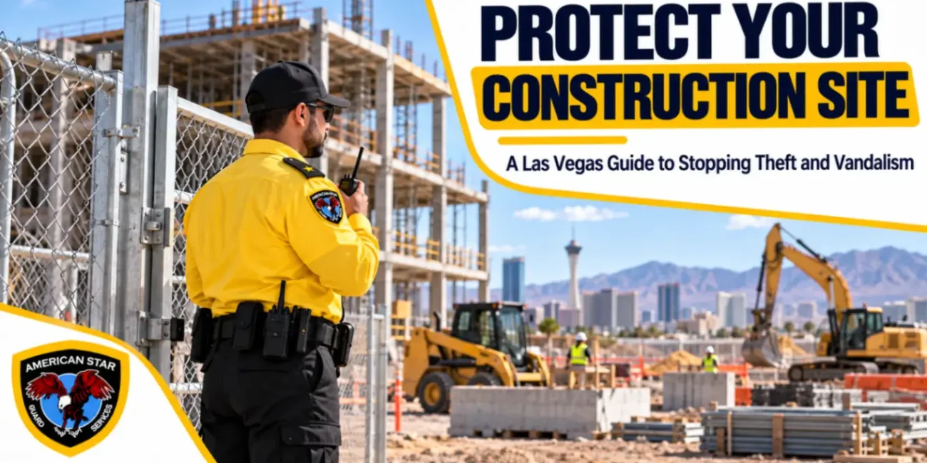 Security guard checking equipment at a Las Vegas construction site at night