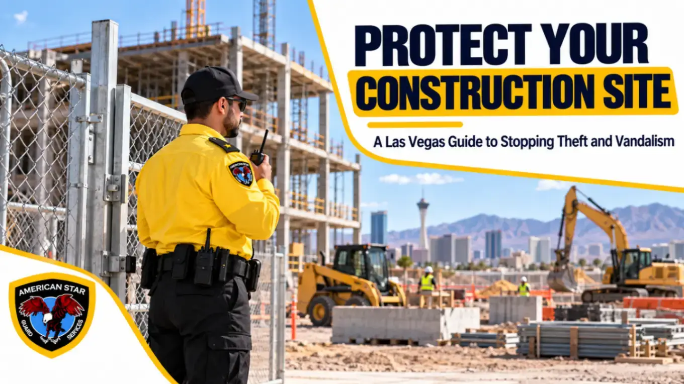 Security guard checking equipment at a Las Vegas construction site at night